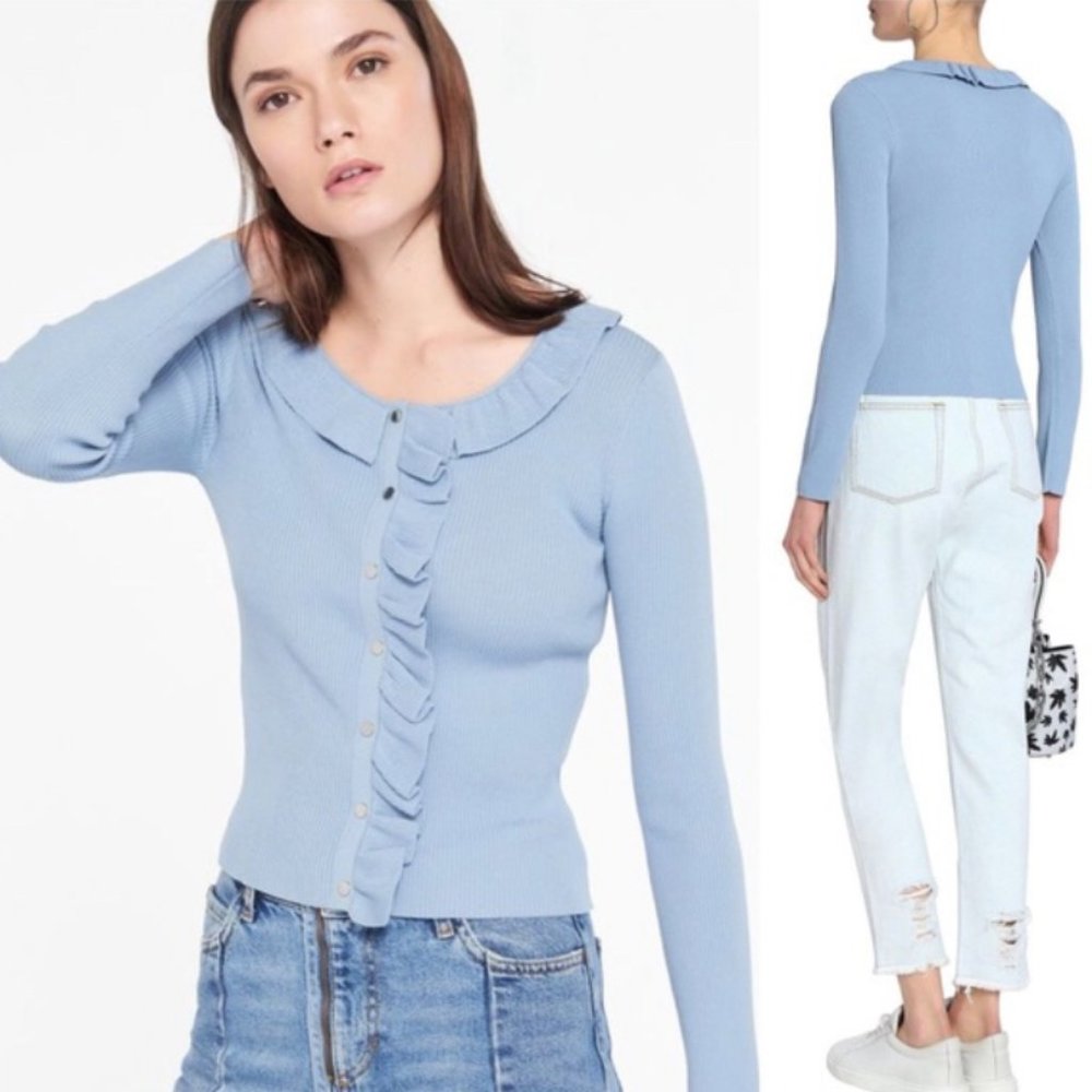Women's Sandro Revy Light Blue Front Ruffle Ribbed Stretchy Cropped Cardigan S